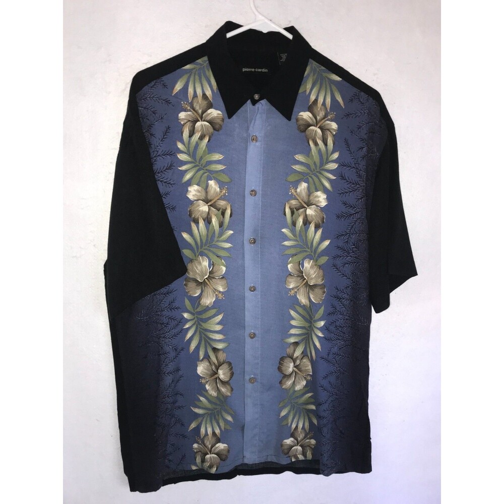Pierre Cardin Button Up Hawaiian Shirt Mens Medium Black Floral Short Sleeve